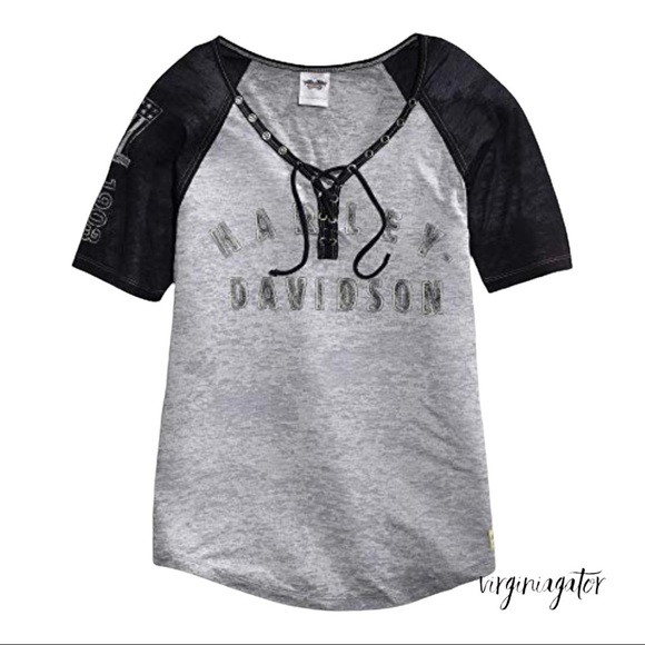 Harley Davidson Authentic Laced Front Gray Black Raglan Eagle Logo Graphic Tee - Picture 10 of 10
